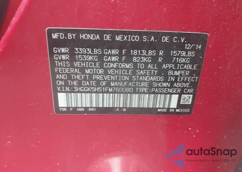 2015 Honda Fit Lx from USA, damaged, VIN 3HGGK5H51FM760080